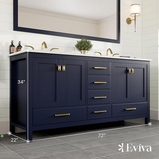 Eviva Aberdeen 72 in. Blue Double Sink Bath Vanity with Carrara Quartz Top and Undermount Porcelain Sinks