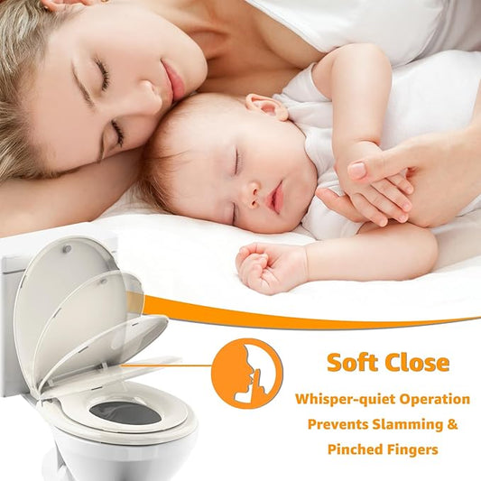 Potty Training Seat Built-in Toilet Seat, Round Toilet Seat 16.5inch with Baby Seat 2 in 1 Soft Close Quiet No Slapping, Magnetic Absorption, Easy Installation for Bottom Fixing Toilet,Almond