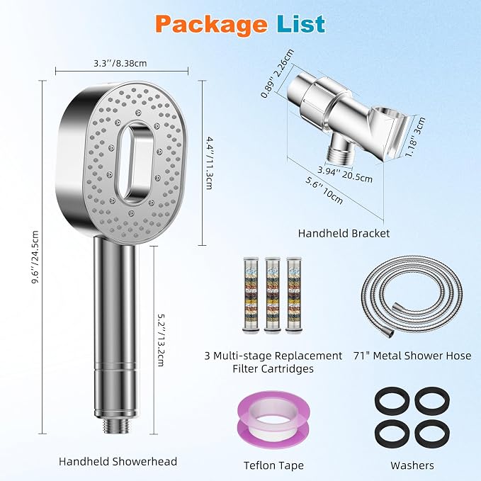 Hibbent Filtered Handheld Showerhead with 3 Filters, 5 Sprays Shower Head | Chrome High Pressure Shower Heads, Brass Holder & 71" Metal Hose, Water Soft Filter Remove Chlorine, Reduce Dry Itchy Skin