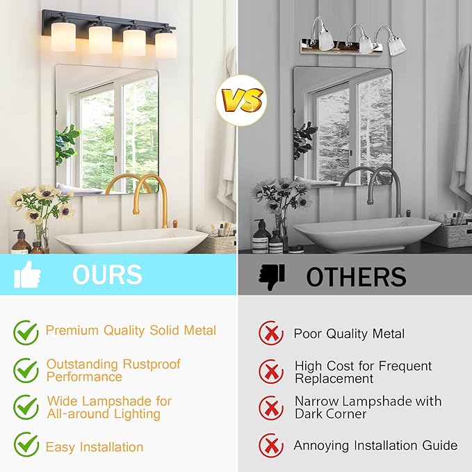 Modern Bathroom Light Fixtures Over Mirror, Vanity Lights for Bathroom Wall Sconces with Milky White Glass Shades, E26 Socket (Bulbs Not Included), 4 Light, Black