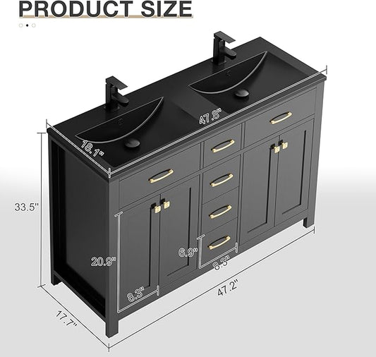 LUCKWIND 48" Bathroom Vanity with Sink Combo, Painted Modern Bathroom Storage Cabinet with Double Resin Black Sink, Four Doors and Three Drawers, Include Faucet Without Mirror, Black
