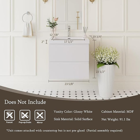 Modern 24" Floating Bathroom Vanity with Sink | Advanced Wall-Mounted Cabinet, Resin Top Basin, Soft Close Drawers | Easy to Install Glossy White