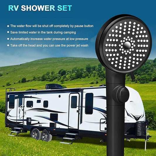 FOCSPROD RV Shower Head with Hose, High Pressure 5 Mode Shower Head Replacement, Handheld Showerhead for RV/Campers, Travel Trailer for Water Saving, Showerheads Holder and Hose, On Off Switch, Black