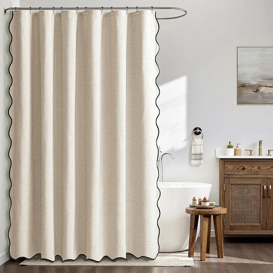 MIULEE 72"x90" Extra Long Scalloped Linen Shower Curtain Cream Beige | Linen Textured, Waterproof, Washable, 12 Metal Hooks, Heavy Duty Cloth, Black Border, Shower Curtain for Bathroom Bathtub