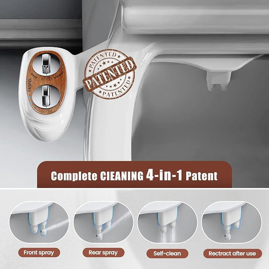 YASFEL Bidet, Self-Cleaning Bidet Attachment for Toilet - Non Electric Dual Nozzles Cold Water Bidet Toilet Seat Attachment with Adjustable Pressure Control, for Frontal & Rear Wash (Wood Color)