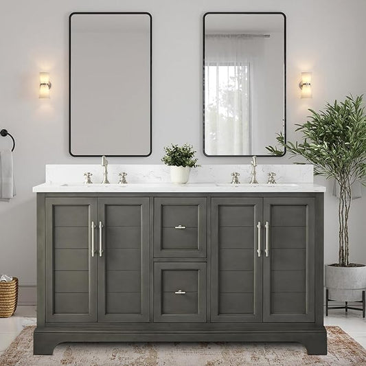 HOMEBEYOND 60 Inch Bathroom Vanity with Double Sink & Ceramic Top, Vanity Cabinet with Center Countertop Basin, Soft-Closing Doors, Backsplash,Sliver Grey