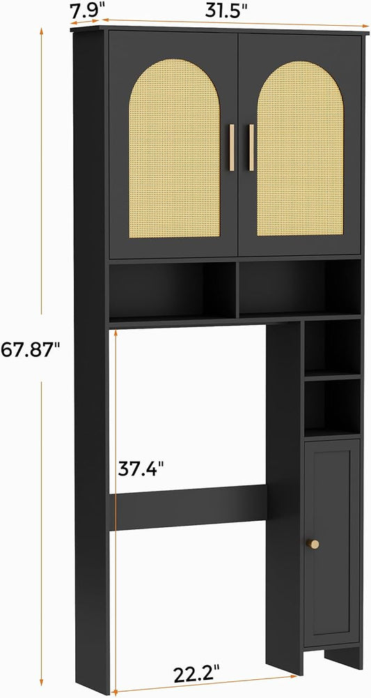 Homhedy Wooden Over The Toilet Storage Cabinet, Natural and Black | Bathroom Organizer with Rattan Decorated Doors, Adjustable Shelves, Toilet Paper Holder, for Small Spaces