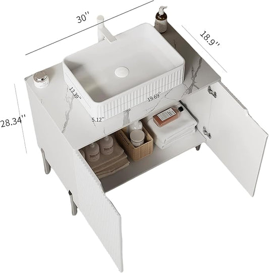 30" Bathroom Vanity with Sink, Modern Bathroom Storage Cabinet with Black Rectangular Ceramic Basin and Sintered Stone Countertop, Soft Closing Door, Freestanding Bathroom Vanities, White