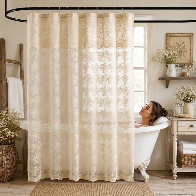 TUDECO Beige Lace Shower Curtain with Attached Valance, 72 x 72 Inch | Antique Vintage, Floral Pattern, Tan Bathroom Curtain, Scalloped Edges, Light Filtering, Soft Privacy, Reinforced Holes