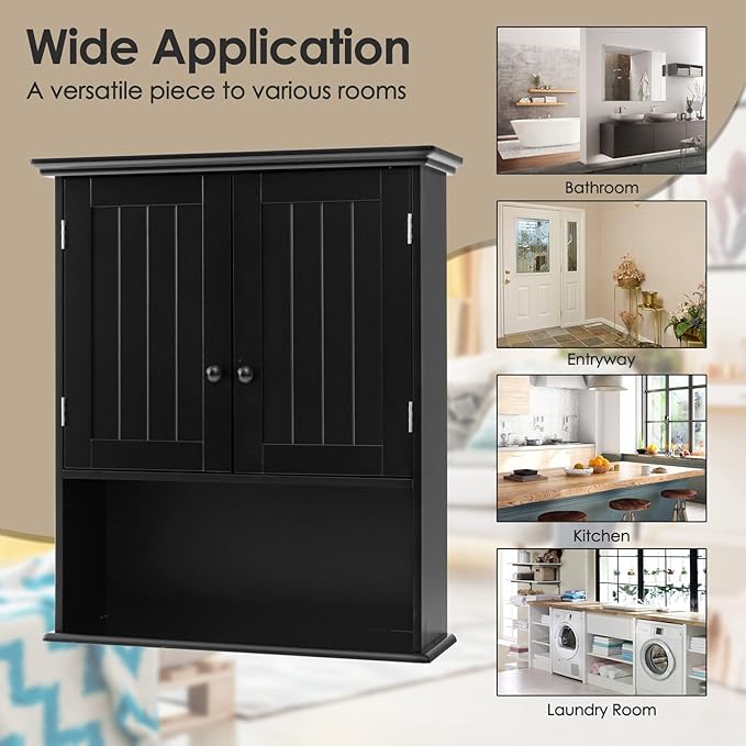 Tangkula Wall Mount Bathroom Cabinet Wooden Medicine Cabinet Storage Organizer with 2-Doors and 1-Shelf Cottage Collection Wall Cabinet (Black)