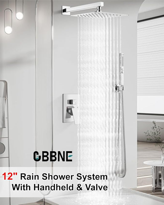 Shower Faucet Set 12-Inch Rain Shower System Polish Chrome | Square SUS304 Shower Head, Dual-Mode Hand Spray, 59-Inch Hose and Brass Rough-In Valve for a Complete Wall-Mount Installation