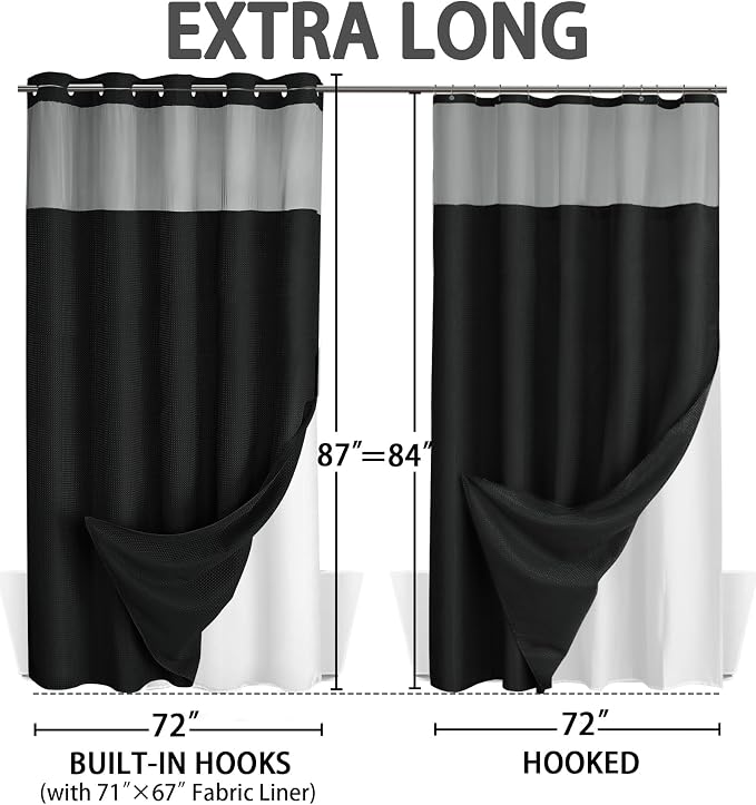 No Hook Shower Curtain with Liner Set Hotel Waffle Curtain Black 72W X 87L | Washable Snap in Fabric Liner, Mesh Top Window, Waffle Hotel Style Shower Curtain Set