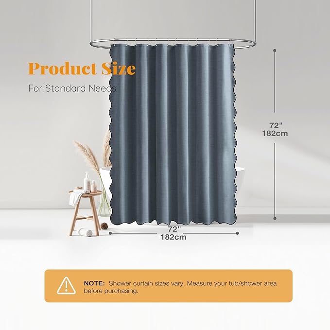 BTTN Blue Scalloped Shower Curtain, Boho Linen Textured Waterproof Fabric Shower Curtain Set with 12 Plastic Hooks, Vintage Thick Washable Cloth Shower Curtains for Bathroom Bathtub, 72x72, Blue Grey