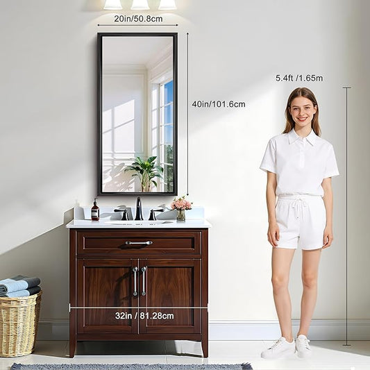 CIRCUMI 20"x40" Black Mirror with Chunky Box Metal Frame, Brushed Finish Rectangular Bathroom Mirrors for Over Sink, Living Room, Entryway, Tempered Glass Mirror for Wall, Vertical or Horizontal
