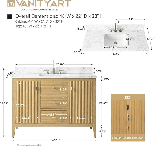 Vanity Art 48 inch Oak Bathroom Vanity with Single Sink & Ceramic Top, Vanity Cabinet with Soft-Closing Door, Solid Wood Frame, Linear Pattern, Natural Oak, VA9148-NO-MB,Matte Black Handles