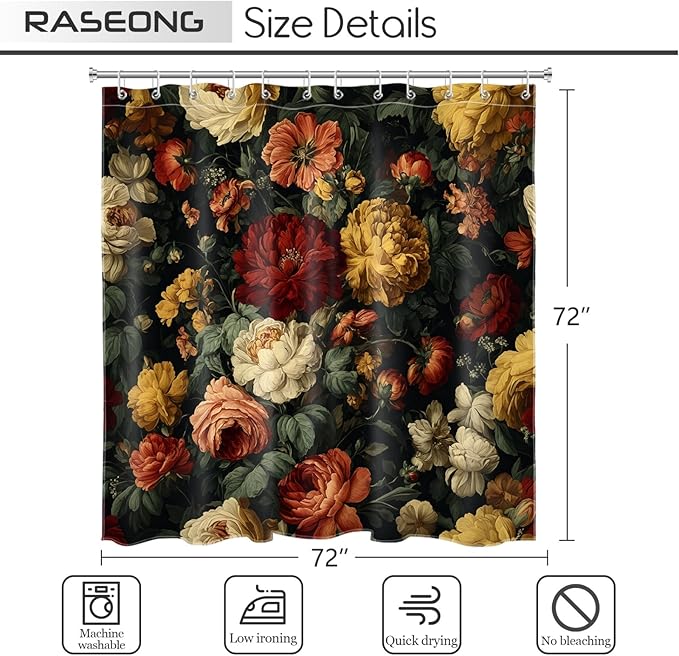 Vintage Black Floral Shower Curtain for Bathroom, Dark Boho Floral Shower Curtain Farmhouse Flower Botanical Waterproof Bath Curtains with 12 Hooks, 72X72 Inch