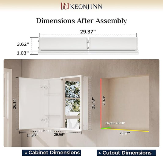 Keonjinn Medicine Cabinet Mirror 30" x 26", Assembly Needed, White Bathroom Mirror with Storage, Beveled Aluminum Frame, Stepless Adjustable Shelves, Surface Mount or in Wall