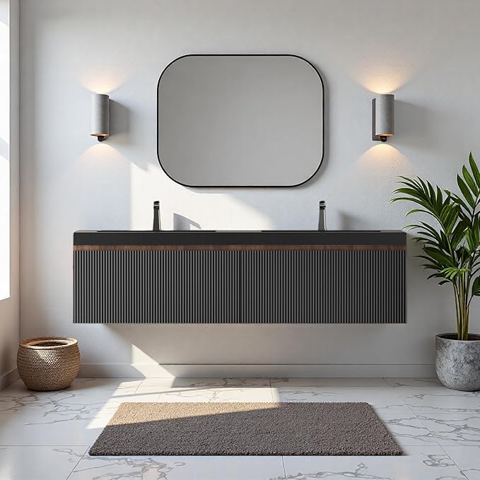 60'' Floating Bathroom Vanity with Sink, Wall-Mounted Bathroom Storage Cabinet with 2 Soft-Close Striped Drawers & Double Quartz Sand Basins, Smoked Walnut Body with Internal Handle, Black