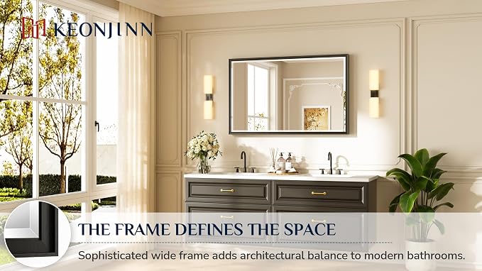 Keonjinn 48" x 30" Black Bathroom Vanity Mirror, French Cleat Installation | Aluminum Alloy Frame, Safe Tempered Glass Beveled Edge, Shatterproof, Rectangle Wall Mirror for Hallway, Dinning Room Decor