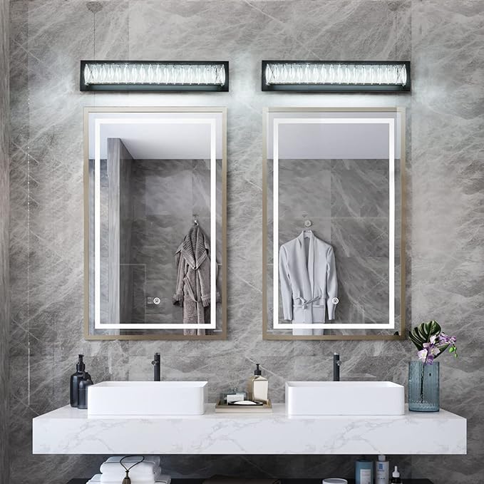 Bathroom Light Fixtures 23 Inch Modern Crystal Vanity Light LED Black Wall Sconce for Bathroom Vanity Mirror Lights Cool White 6000K