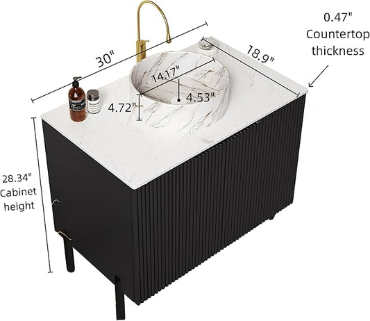 30" Bathroom Vanity with Sink, Modern Bathroom Vanities with Durable Marble Ceramic Basin and Sintered Stone Countertop, Soft Closing Doors, Freestanding Bathroom Cabinet, Black