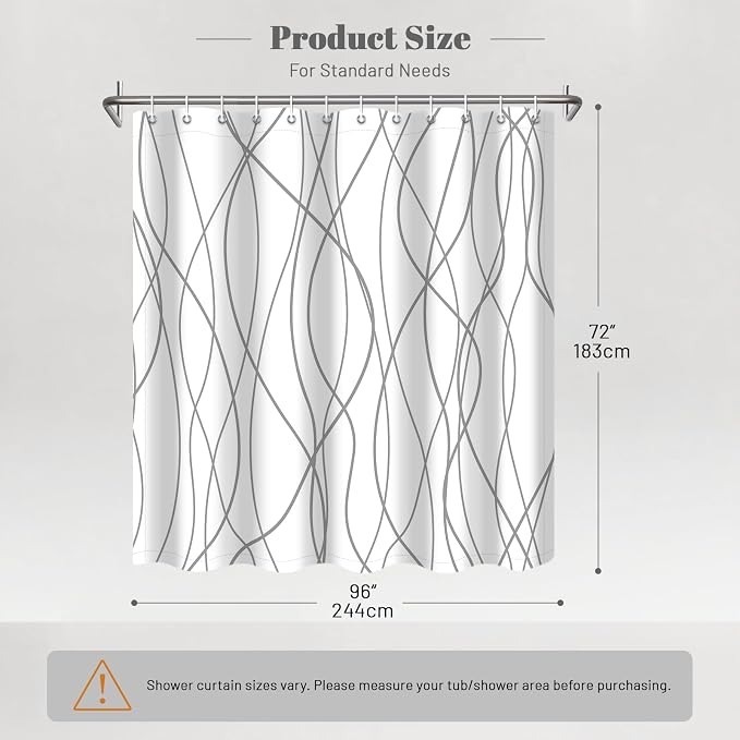 Striped Shower Curtain for Bathroom, Grey White, 96" W x 72" L | with Hooks, Modern Hotel Style, Water Repellent, Washable, Weighted Hem