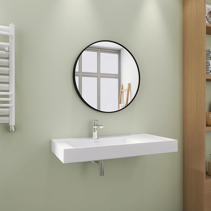 SJ Star&Jane 39" x 19" in Solid Surface Bathroom Sink, Wall-Mount or Countertop Vessel Sink, Rectangle Floating Vanity Sink in Matte White, Pre-installed Faucet Holes, Durable Modern Design