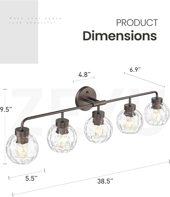 zeyu 38.5-Inch 5-Light Vanity Lights for Bathroom Fixture, ZS62BG-5W ORB-WG | Bathroom Lighting Fixtures Over Mirror, Water Ripple Globe Glass, Up Or Down Mount, Hardwired, 5 E26 Bulbs Up To 60W Each
