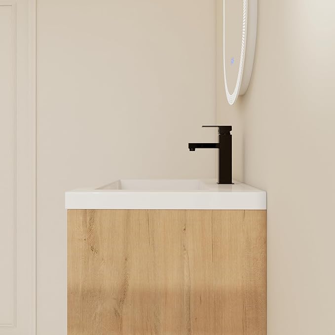 24" Bathroom Vanity with Sink, 24 Inch Freestanding Vanity, Single Resin Sink Floor Stand Bathroom Sink Cabinet with 2 Doors, Imitative Oak (Space-Saving for Small Bathrooms)