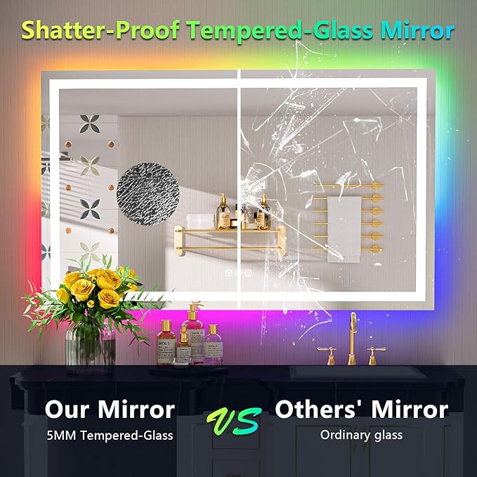57x36 LED Bathroom Mirror with Lights, RGB Backlit Lighted Mirror | Backlit and Front Light, Anti-Fog, 3 Color Dimmable, Memory, Tempered Glass, IP54 Waterproof, UL Listed
