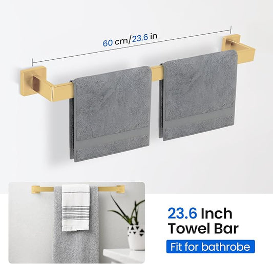 10 PCS Bathroom Hardware Accessories Set 23.6 Inch Stainless Steel Bath Towel Bar Set Square Towel Ring Set for Bathroom Wall Mounted, Gold