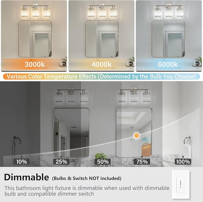 3 Light Bathroom Light Fixtures, Modern Crystal Vanity Lights over Mirror | Metal Frame, Bathroom Light with Square Crystal Shade, ETL Certified, E26 Ceramic Socket, Bulbs Not Included