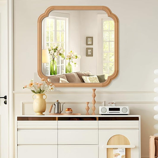 Ferytane Square Natural Wood Mirror 24X24 Inch,Wood Mirror for Bathroom Over Sink Rounded Corner Wooden Framed Mirror for Vanity, Entryway, Living Room Farmhouse, Tempered Glass (Natural Beech Wood)