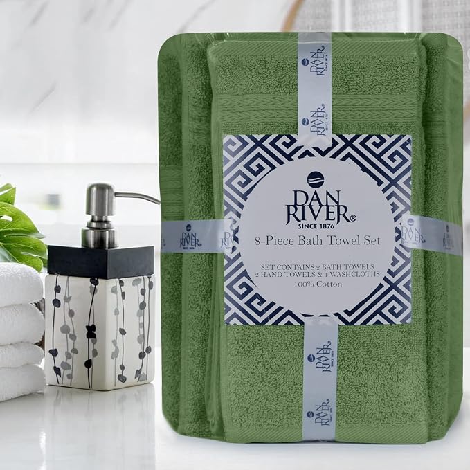 DAN RIVER 8 Piece Luxury Bath Towels for Bathroom, Towel Set, Sage Green | 2 Bath towels, 2 Hand towels, and 4 Wash Cloths, 600 GSM 100% Ring Spun Cotton, Highly Absorbent, Gym, Hotel, guest, and Spa