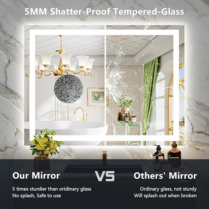 50x36 LED Bathroom Mirror with Lights, Lighted Vanity Mirror | Backlit and Front Light, Anti-Fog, 3 Color Dimmable, Memory, Tempered Glass, IP54 Waterproof, UL Listed