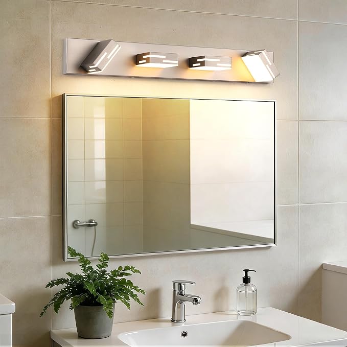 4-Light 5CCT Modern Bathroom Vanity Light Fixtures, 30-Inch 350° Rotatable LED Vanity Lights Over Mirror, Dimmable Brushed Nickel Wall Sconce with Frosted Acrylic Shade