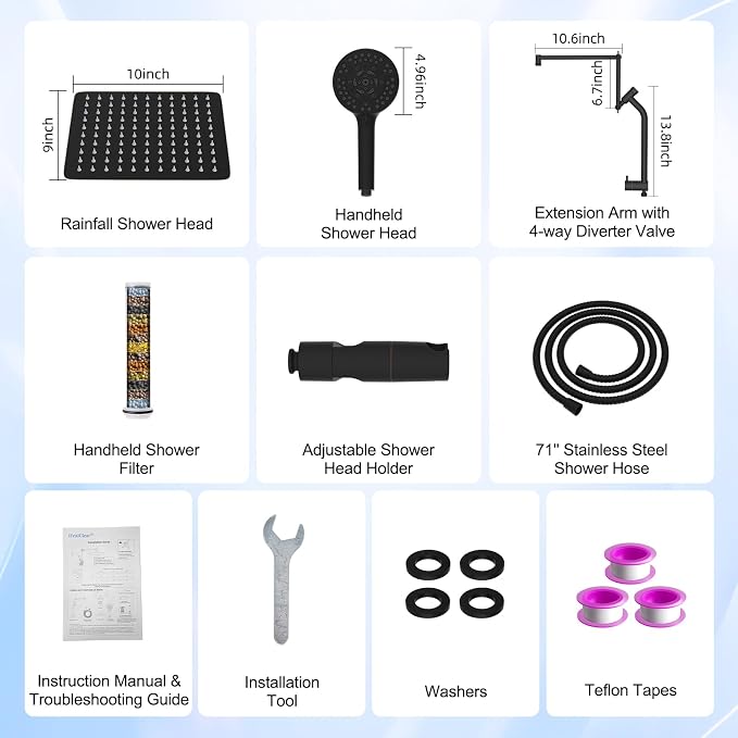 Metal 10" Rain Shower Head with Handheld, 10-Mode with Filter, Easy Reach | Oil Rubbed Bronze, High-Pressure Rainfall Showerhead, 4-Way Diverter Pause Mode, Adjustable 16" Extension Arm/71" Hose/Holder
