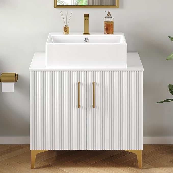 YITAHOME 30 Inch Bathroom Vanity with Vacuum Forming, Freestanding Storage Cabinet Vanity with Counter Top Sink Combo, 2 Large Soft Closing Doors with Shelf, Gold Handles & Legs, White