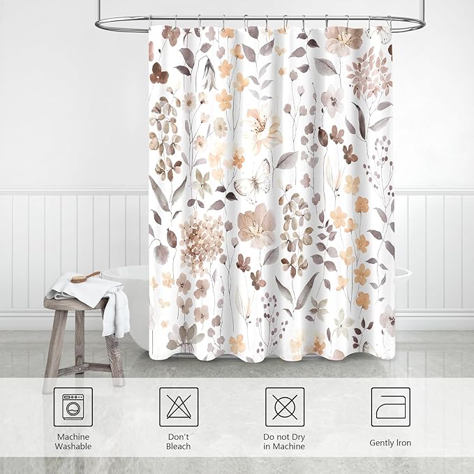 Brown Floral Shower Curtain, Fall Flower Fabric Shower Curtains for Bathroom, Taupe Wildflower Butterfly Cloth Shower Curtain Set with Hooks, 72x72