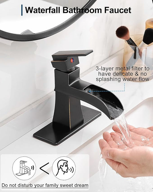 Brass Bathroom Waterfall Faucet, Oil Rubbed Bronze Bathroom Faucet 1 Hole or 3 Holes (4 Inch), Single Handle with Deck Plate, Pop-Up Drain & Water Hoses for RV Vanity Farmhouse, 5 Mins Install