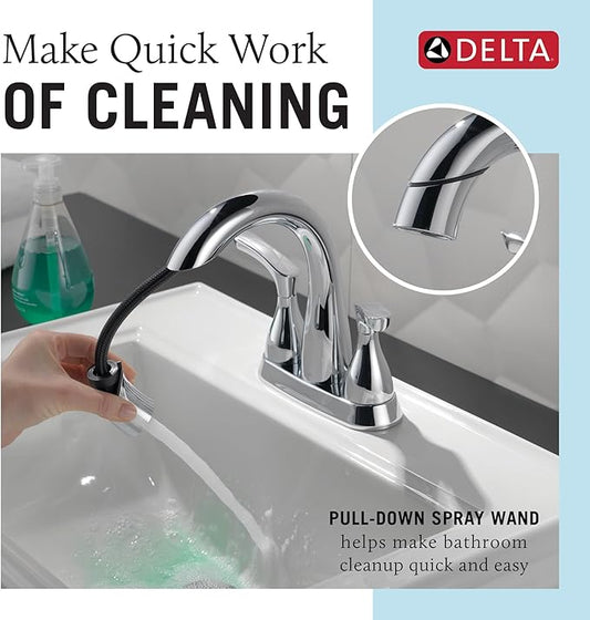 Delta Broadmoor Centerset Chrome Bathroom Faucet with Sprayer, 4 Inch 3 Hole Bathroom Sink Faucet with Pull Out Sprayer, Push-Pop Drain, Chrome 25765LF-PD