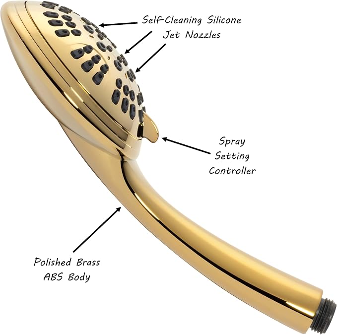 Luxury Handheld Shower Kit - 2.5 GPM - Polished Brass | 6 Function High Pressure Removable Hand Held Showerhead with Hose and Mount, Easy Install for Boosting Low Water Flow Baths