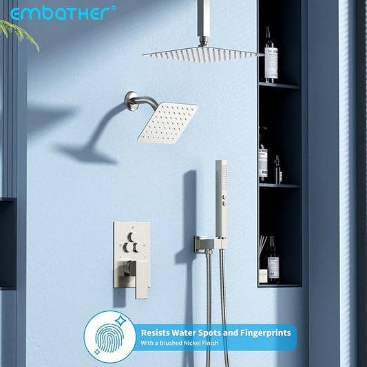 Shower Faucet Set Shower System - EMBATHER Brushed Nickel Push Button Diverter Dual Shower Faucet Valve Kit with Rain Ceiling Mount 10 Inch Shower Head 6 Inch Wall Mount, 2 in 1 Handheld for Couple