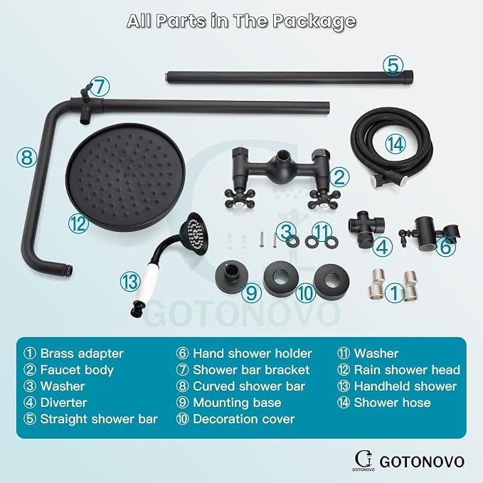 gotonovo Exposed Shower Faucet Set Luxury,Matte Black,Straight Rod | Bathroom 8” Shower Head with Handheld Spray System Fixtures,Vintage Two Cross Handle,Wall Mount,for 5-6.7" Hole,Adjust Height