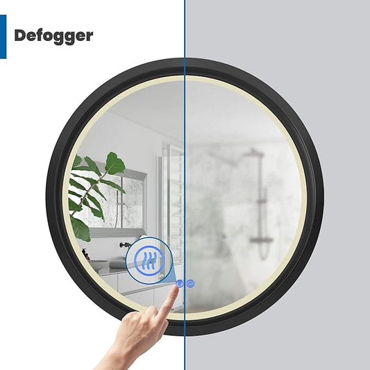 32 Inch Round LED Mirror for Bathroom, Black Metal Frame Lighted Vanity Mirror with 3 Color Modes, Touch Dimmer - Anti-Fog Wall Mounted Circle Mirror with Lights - Fab Glass and Mirror