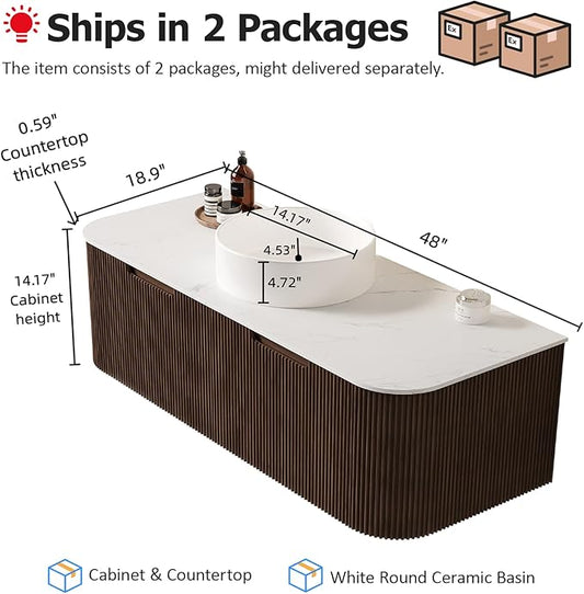 48" Floating Bathroom Vanity with Sink, Wall-Mount Cabinet 2 Large Storage Drawer, White Round Ceramic Basins with Stone Pattern and Marble Top, Soft-Close Design, Dark Walnut
