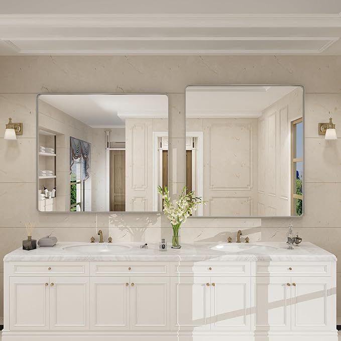 40x36 Inch Brushed Nickel Bathroom Mirror for Wall | Silver Metal Framed Bathroom Vanity Mirror, Rounded Rectangle, Anti-Rust, Shatterproof, Hangs Horizontally or Vertically