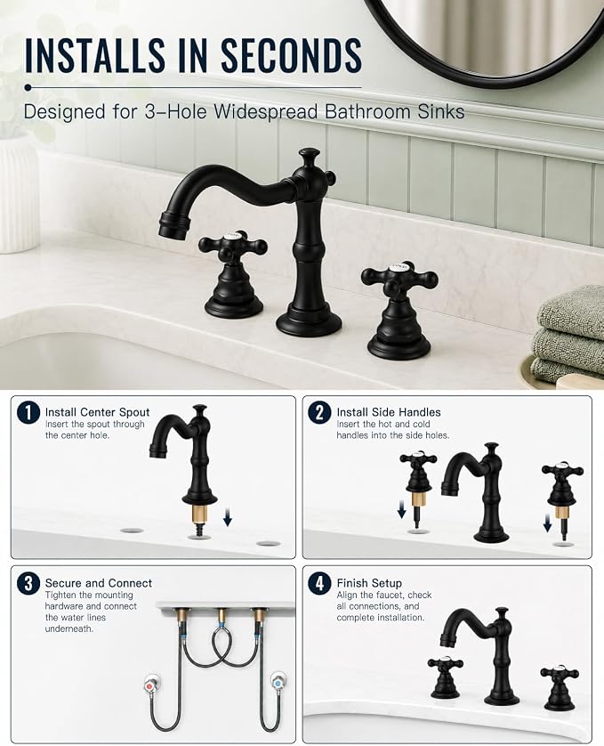 gotonovo Bathroom Faucet 3 Hole Vintage, Matte Black, Hot Cold Label | Widespread Bathroom Sink Faucet 8 Inch 2 Cross Handles,Pop Up Drain,cUPC Supply Line,4-15.7” Install,for Vanity Farmhouse RV
