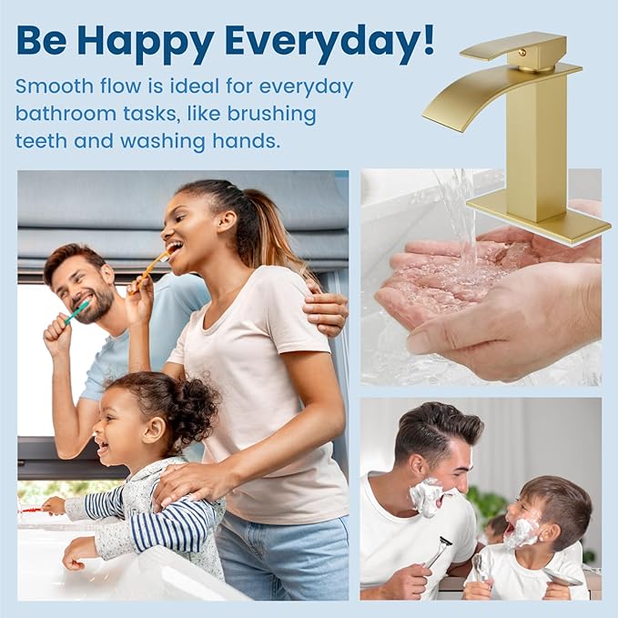 Airuida Waterfall Spout Single Handle Bathroom Sink Faucet Single Hole Rv Lavatory Vanity Vessel Faucet Basin Mixer Tap with Deck Plate Supply Hoses 1 Hole or 3 Hole-Brushed Gold
