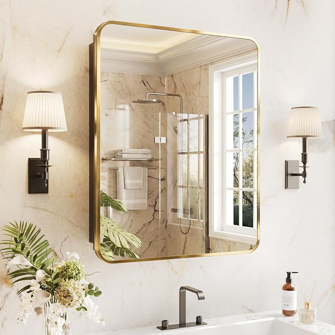 Medicine Cabinet Mirror 24x30 Inch, Gold Bathroom Mirror Cabinet with Stepless Adjustable Shelves, Stainless Steel Frame, Bathroom Mirror with Storage Recessed or Wall Mount
